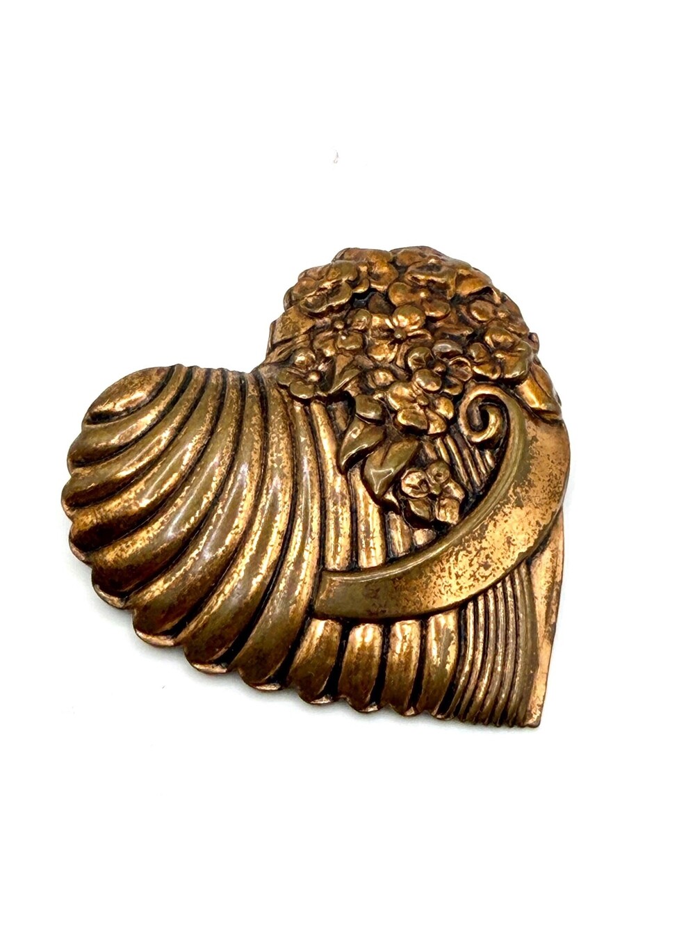 Vintage 80s Bronze Tone Fluted Heart Floral Swirl Brooch Pin